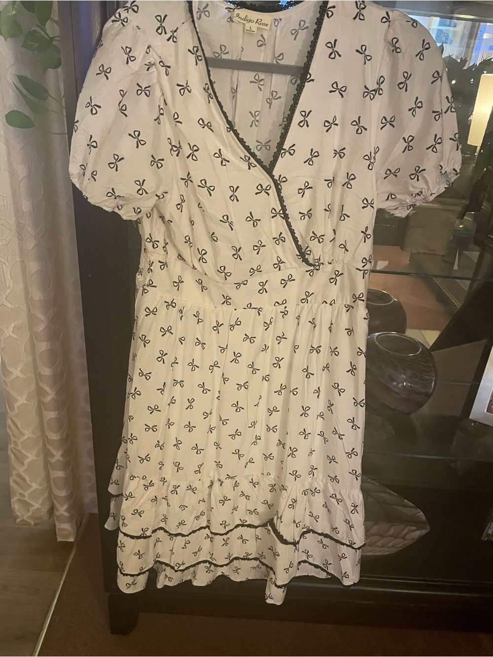 White Midi Dress with Black Bow Print by Unknown